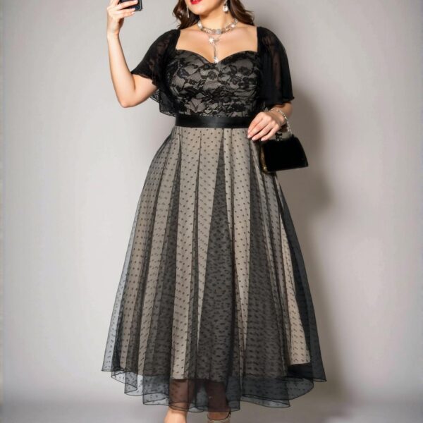 Elegant Black Romantic Plus Size Party Lace Ruffle Sleeve Polka Dot Mesh Overlay Dress Chic, Classy and Trendy Fashion Style to Dress to Impress