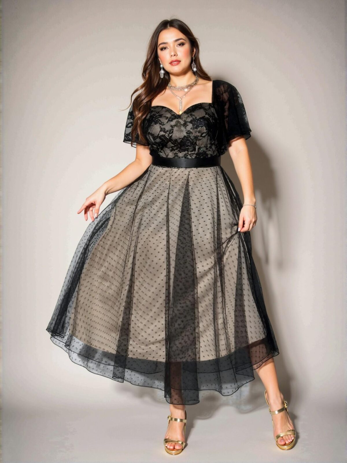 Elegant Black Romantic Plus Size Party Lace Ruffle Sleeve Polka Dot Mesh Overlay Dress Chic, Classy and Trendy Fashion Style to Dress to Impress - Image 2