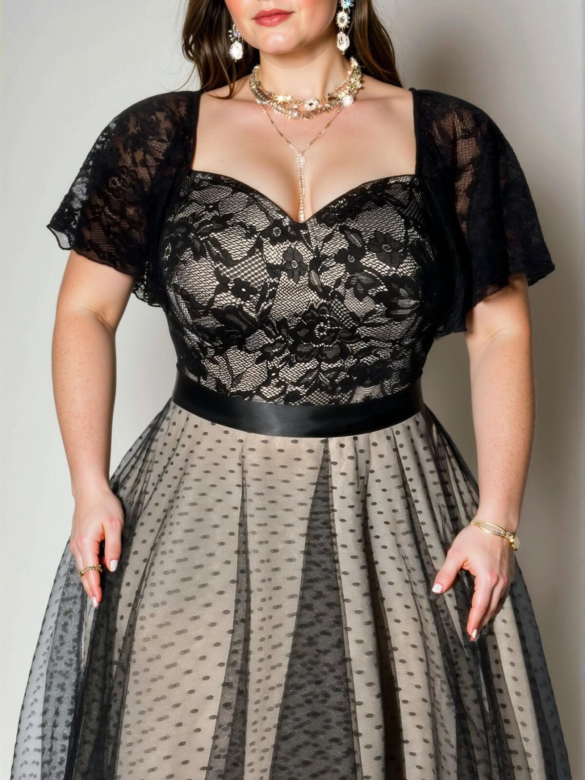 Elegant Black Romantic Plus Size Party Lace Ruffle Sleeve Polka Dot Mesh Overlay Dress Chic, Classy and Trendy Fashion Style to Dress to Impress - Image 3