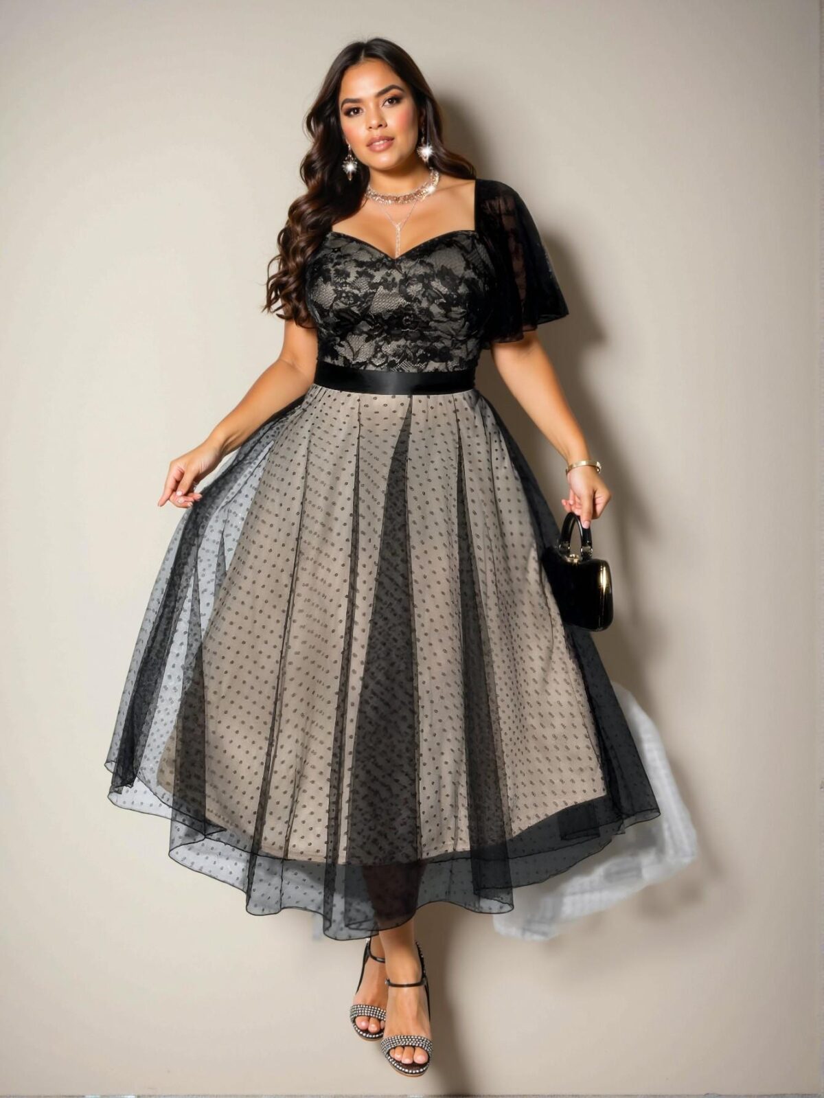 Elegant Black Romantic Plus Size Party Lace Ruffle Sleeve Polka Dot Mesh Overlay Dress Chic, Classy and Trendy Fashion Style to Dress to Impress - Image 4