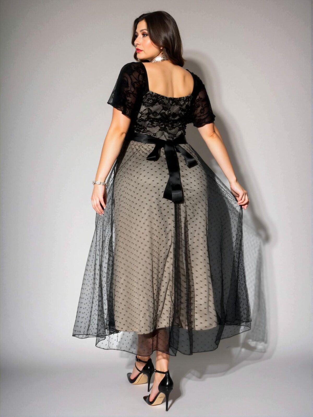 Elegant Black Romantic Plus Size Party Lace Ruffle Sleeve Polka Dot Mesh Overlay Dress Chic, Classy and Trendy Fashion Style to Dress to Impress - Image 5