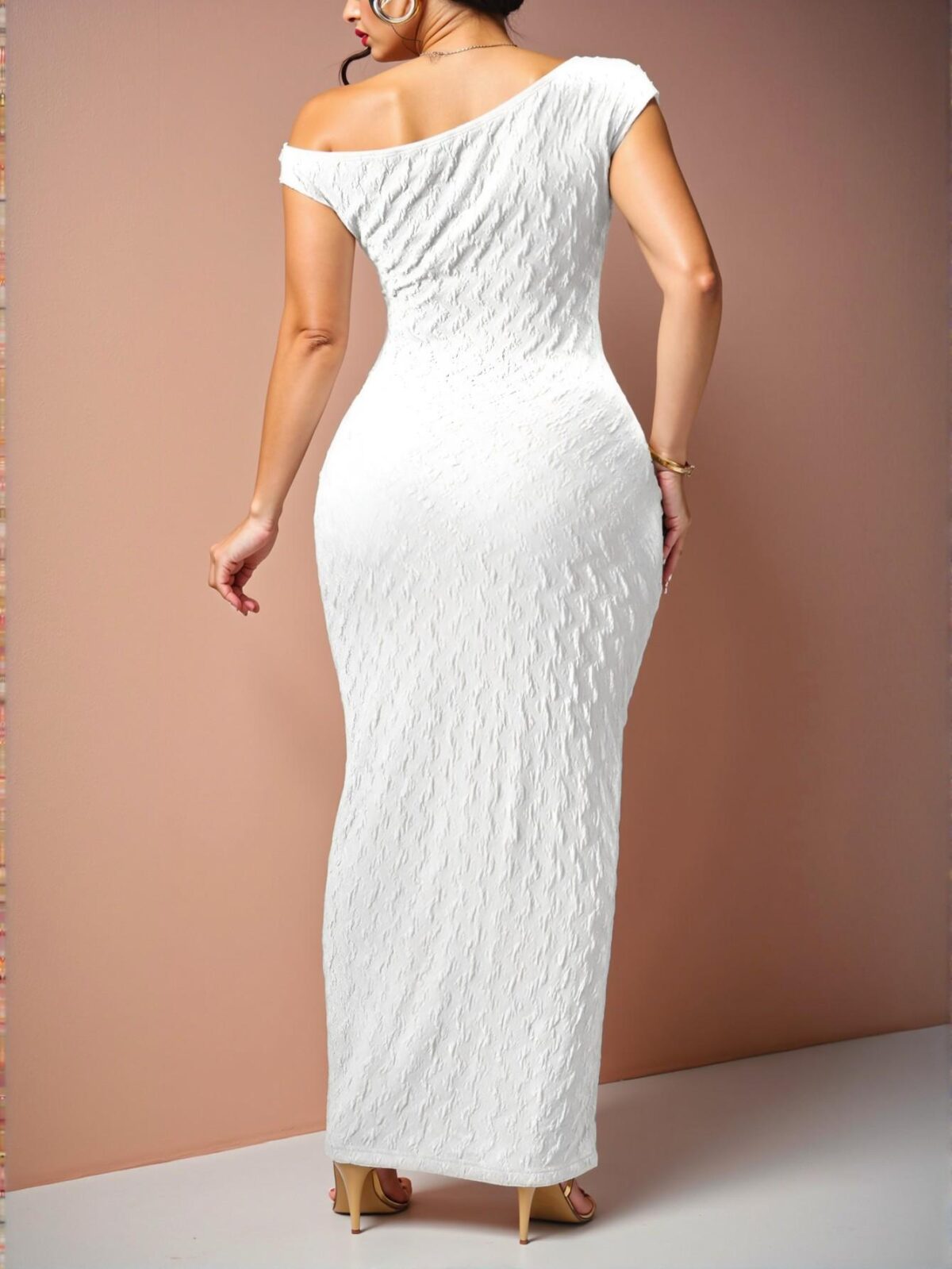 Elegant White Asymmetrical One Shoulder Textured Maxi Dress for Plus Size Women – Perfect for Graduation and Holidays, Chic, Classy and Trendy Fashion Style to Dress to Impress - Image 2