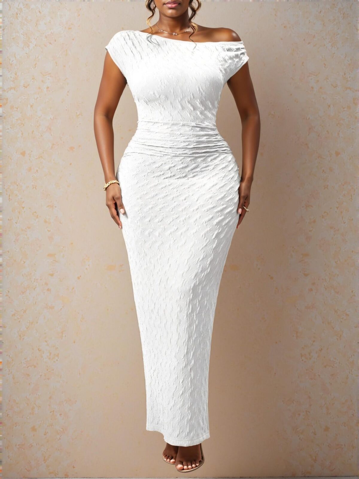 Elegant White Asymmetrical One Shoulder Textured Maxi Dress for Plus Size Women – Perfect for Graduation and Holidays, Chic, Classy and Trendy Fashion Style to Dress to Impress - Image 4