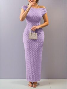 Elegant Purple Textured One Shoulder Striped Dress for Plus Size Women – Stylish & Alluring Summer Attire for Special Occasions – Chic, Classy and Trendy Fashion Style to Dress to Impress