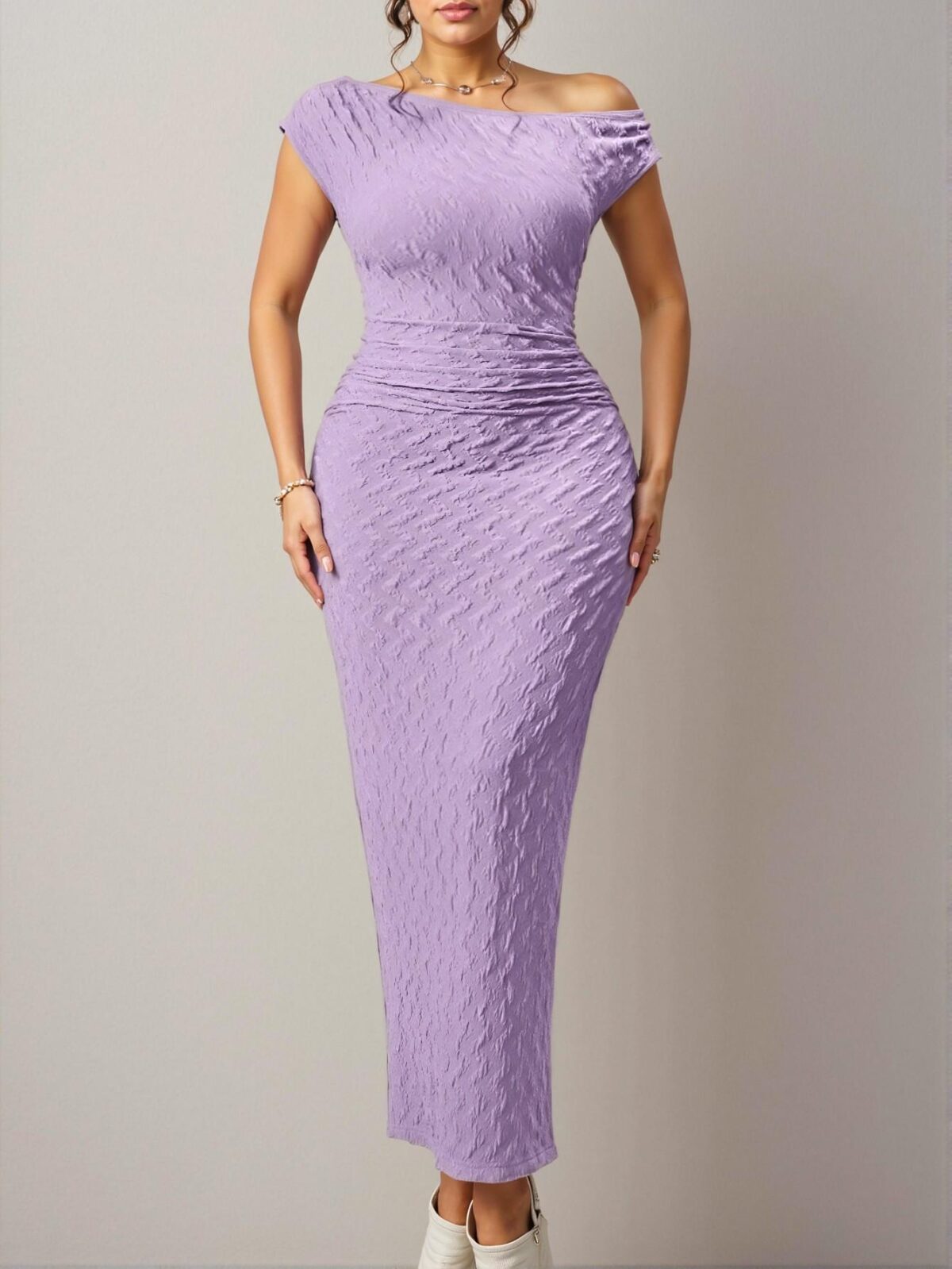 Elegant Purple Textured One Shoulder Striped Dress for Plus Size Women – Stylish & Alluring Summer Attire for Special Occasions – Chic, Classy and Trendy Fashion Style to Dress to Impress - Image 4
