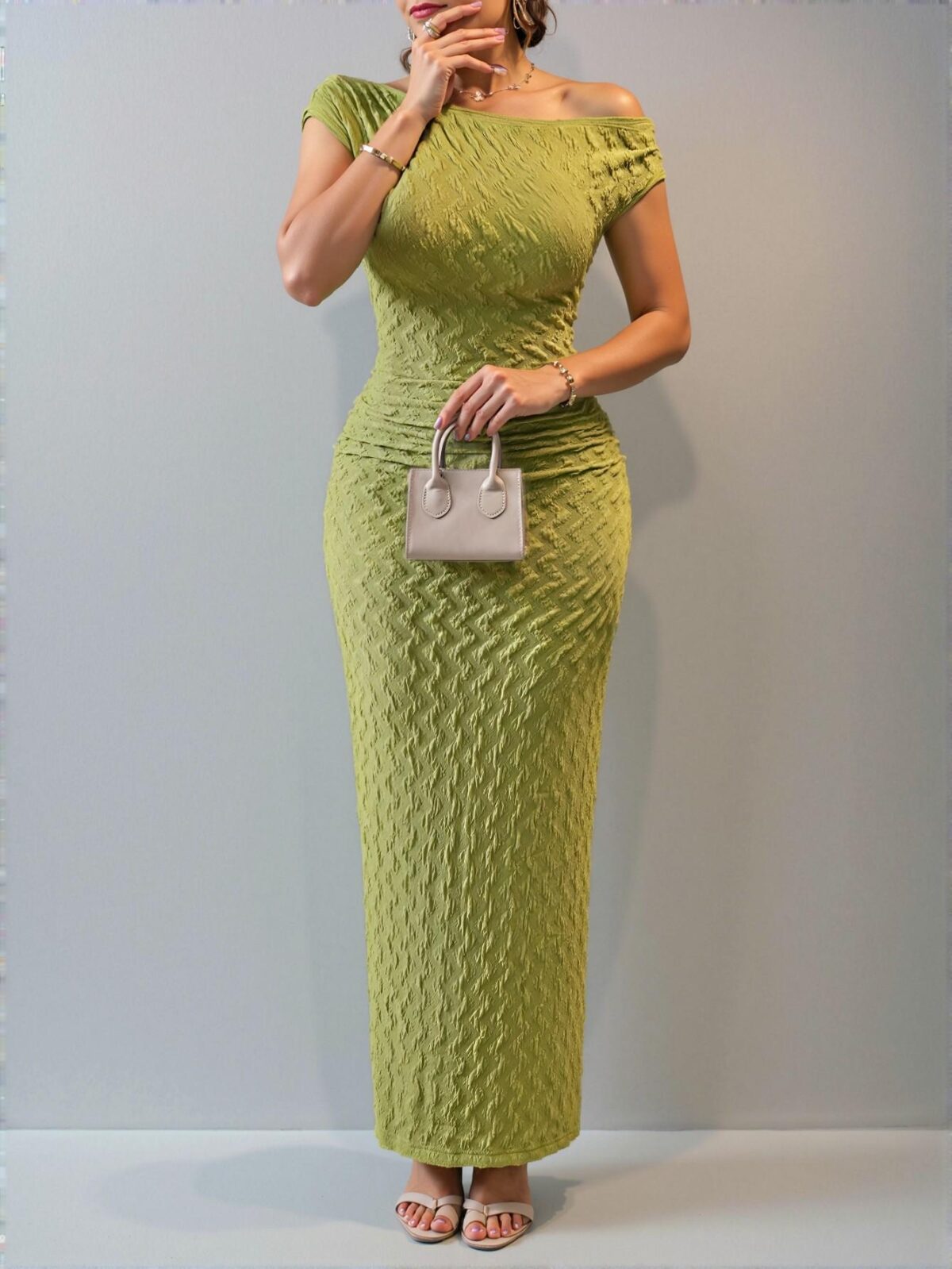 Elegant Green Stylish One Shoulder Textured Maxi Plus Size Dress for Women - Chic, Classy and Trendy Fashion Style to Dress to Impress. - Image 2