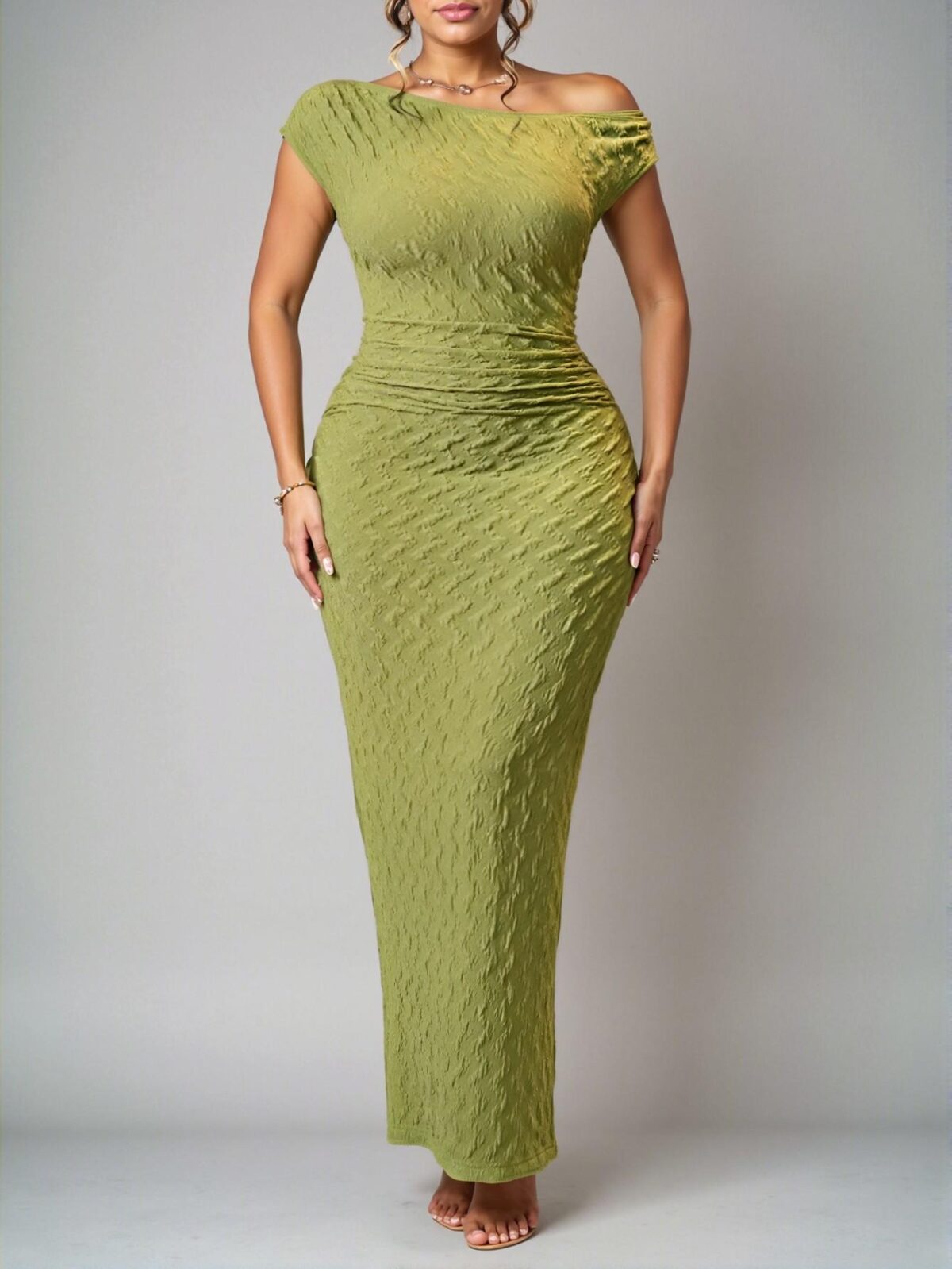 Elegant Green Stylish One Shoulder Textured Maxi Plus Size Dress for Women - Chic, Classy and Trendy Fashion Style to Dress to Impress. - Image 5
