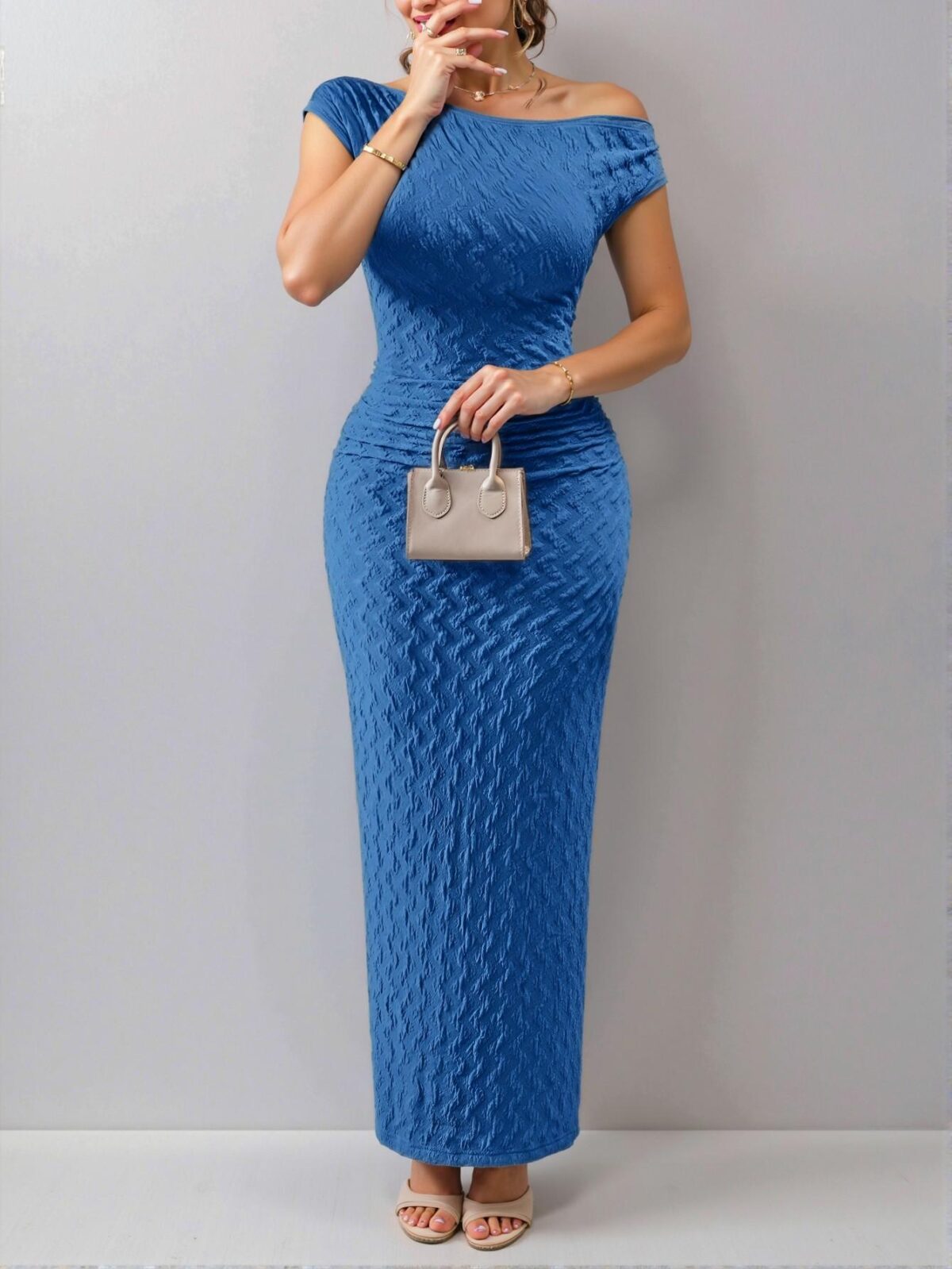 Elegant Blue Asymmetrical One Shoulder Textured Maxi Dress for Plus Size Women Perfect for Holiday and Vacation Celebrations - Chic, Classy and Trendy Fashion Style to Dress to Impress