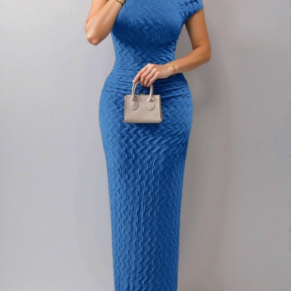 Elegant Blue Asymmetrical One Shoulder Textured Maxi Dress for Plus Size Women Perfect for Holiday and Vacation Celebrations - Chic, Classy and Trendy Fashion Style to Dress to Impress
