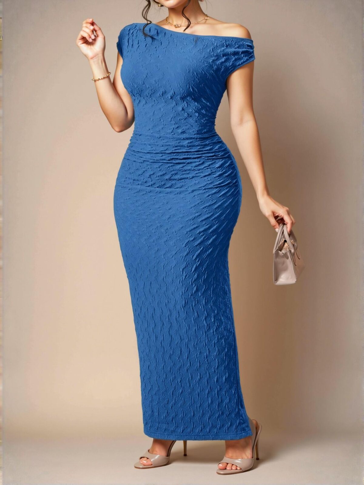Elegant Blue Asymmetrical One Shoulder Textured Maxi Dress for Plus Size Women Perfect for Holiday and Vacation Celebrations - Chic, Classy and Trendy Fashion Style to Dress to Impress - Image 3
