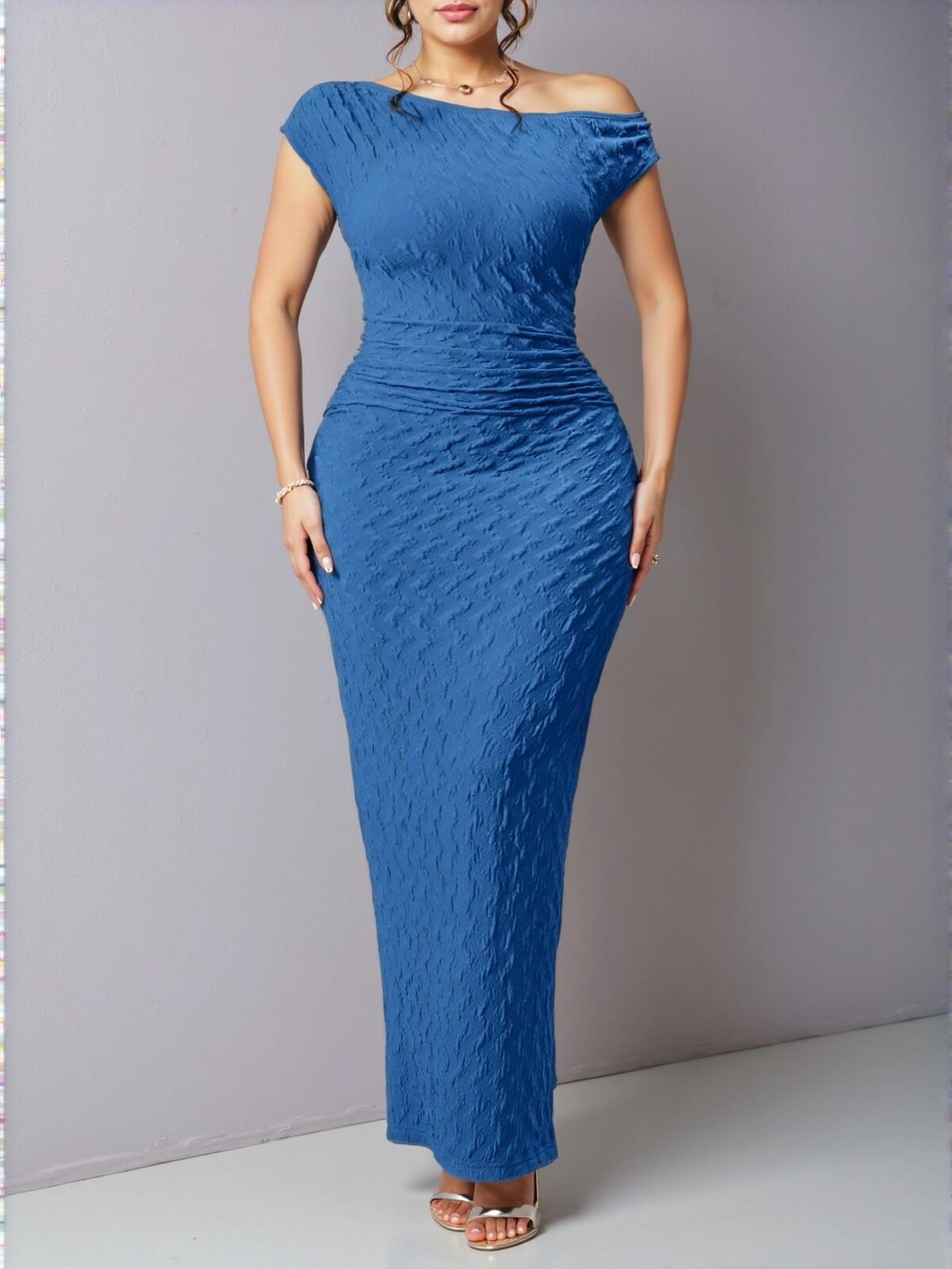Elegant Blue Asymmetrical One Shoulder Textured Maxi Dress for Plus Size Women Perfect for Holiday and Vacation Celebrations - Chic, Classy and Trendy Fashion Style to Dress to Impress - Image 4