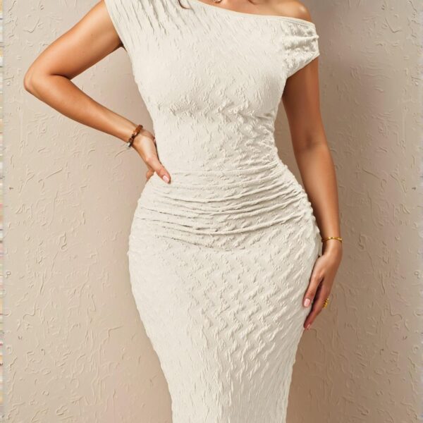 Elegant Apricot One Shoulder Textured Striped Fitted Dress for Festive Occasions and Celebrations - Chic, Classy and Trendy Fashion Style to Dress to Impress
