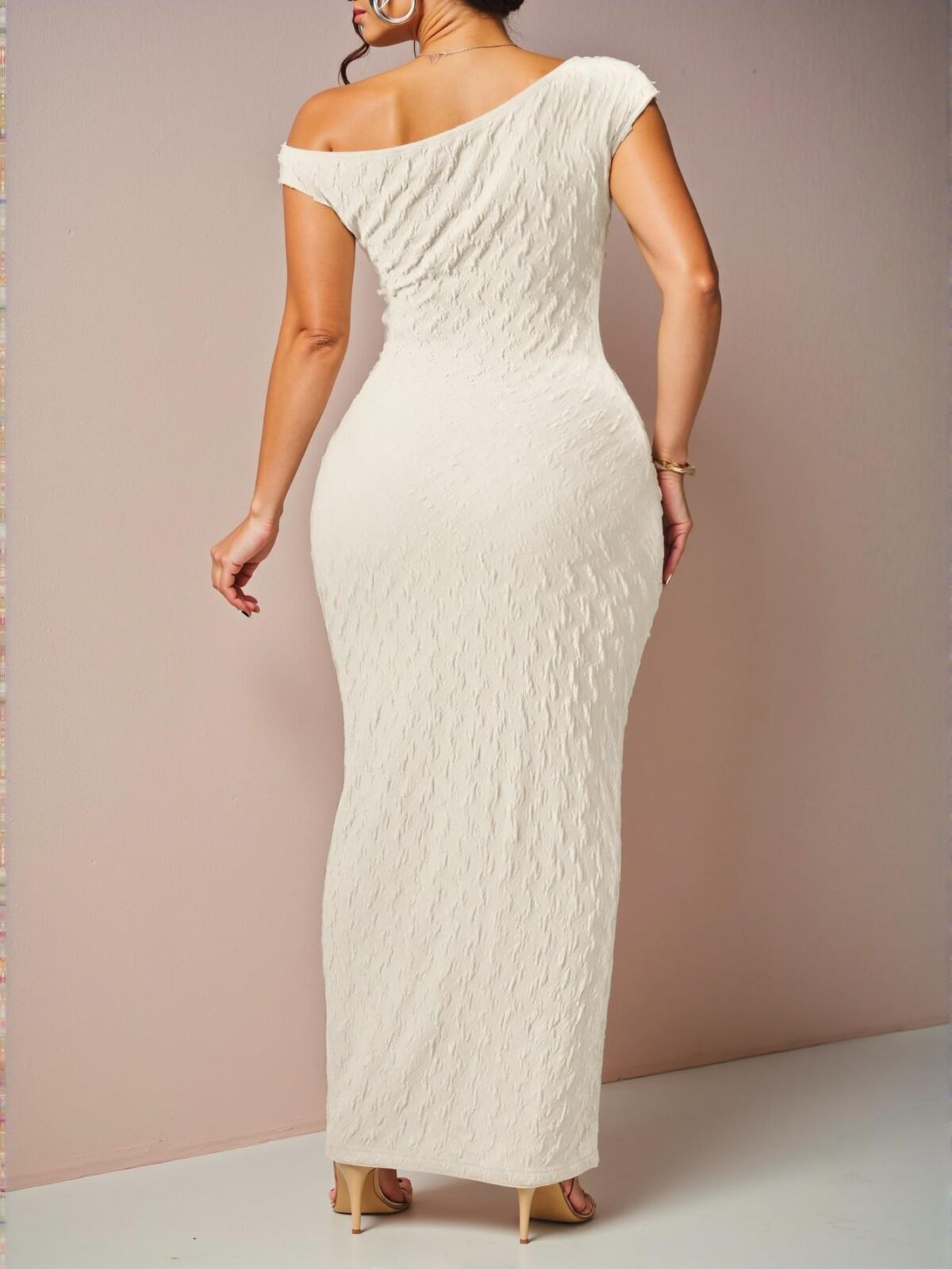 Elegant Apricot One Shoulder Textured Striped Fitted Dress for Festive Occasions and Celebrations - Chic, Classy and Trendy Fashion Style to Dress to Impress - Image 3
