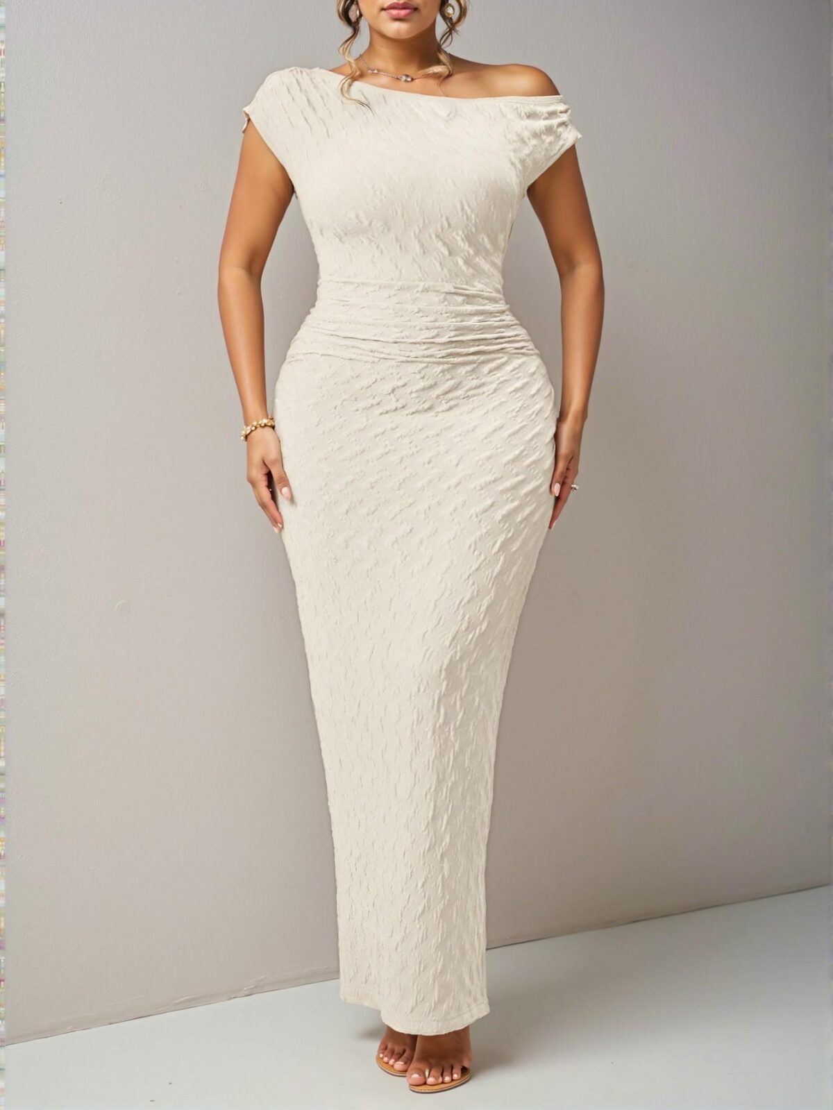 Elegant Apricot One Shoulder Textured Striped Fitted Dress for Festive Occasions and Celebrations - Chic, Classy and Trendy Fashion Style to Dress to Impress - Image 5