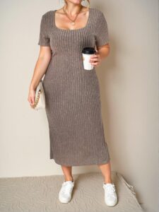 Elegant Khaki Chic Plus Square Neck Ribbed Knit Dress with Split Thigh - Stylish and Trendy Attire to Dress to Impress