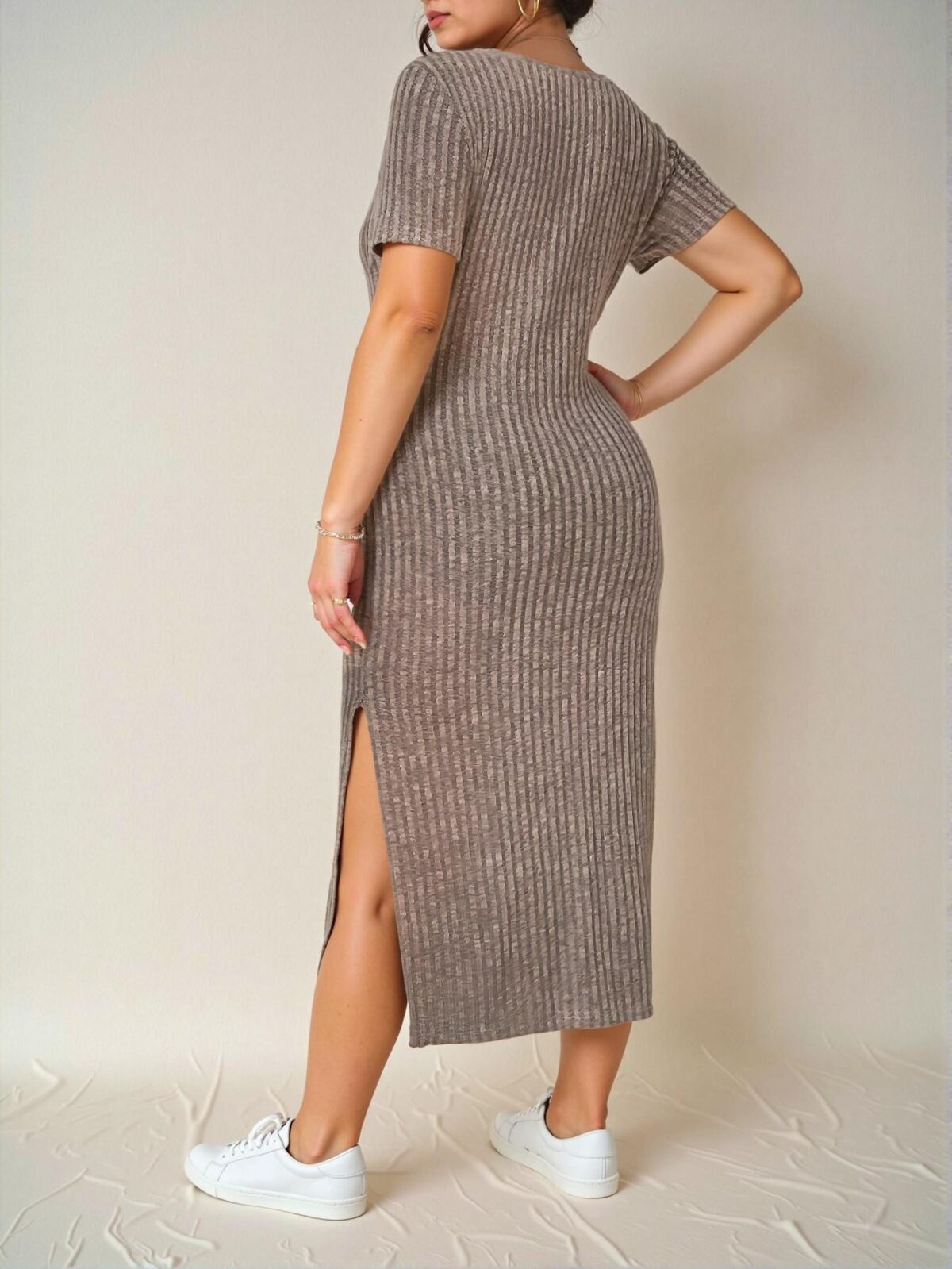 Elegant Khaki Chic Plus Square Neck Ribbed Knit Dress with Split Thigh - Stylish and Trendy Attire to Dress to Impress - Image 2