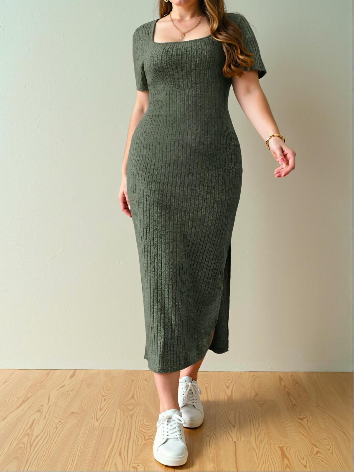 Elegant Green Chic Square Neck Fitted Split Thigh Dress for a Classy and Trendy Fashion Style to Dress to Impress - Image 4