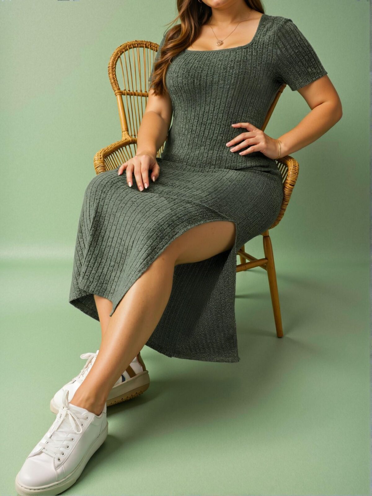 Elegant Green Chic Square Neck Fitted Split Thigh Dress for a Classy and Trendy Fashion Style to Dress to Impress - Image 5