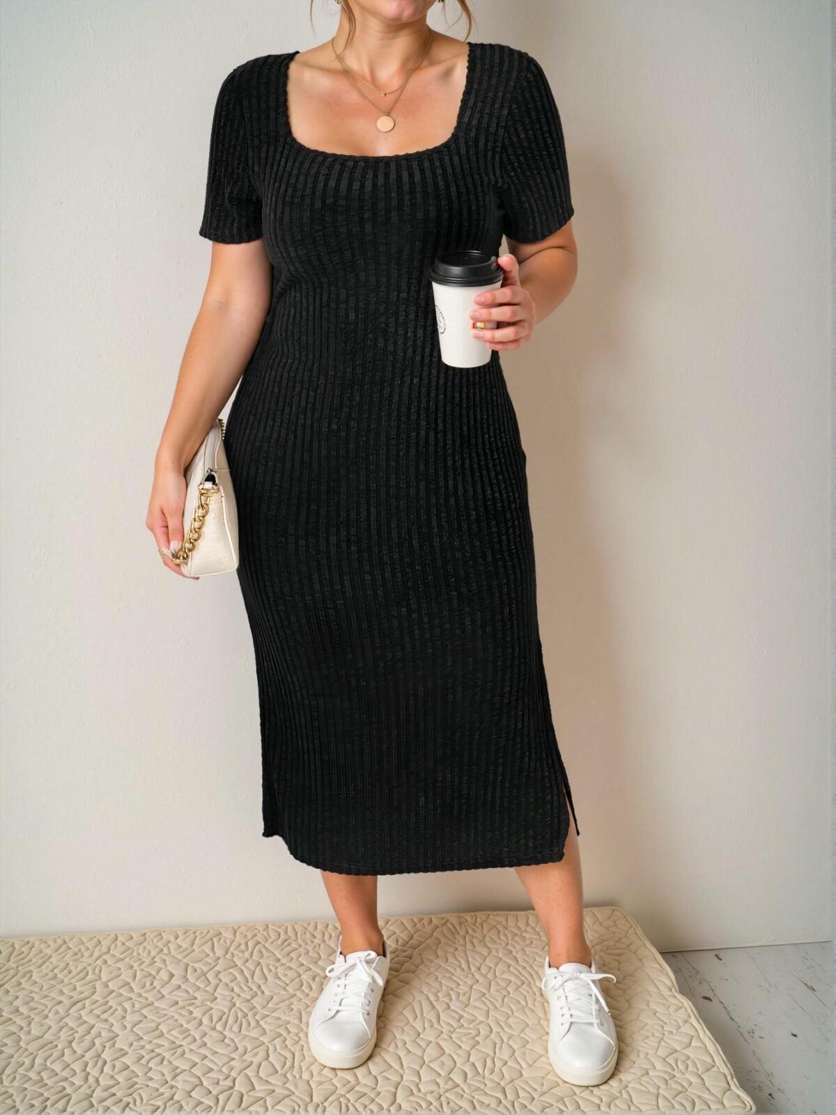 Elegant Black Refined Plus Size Summer Casual Solid Color Dress with Side Slit - Chic, Classy and Trendy Fashion Style to Dress to Impress