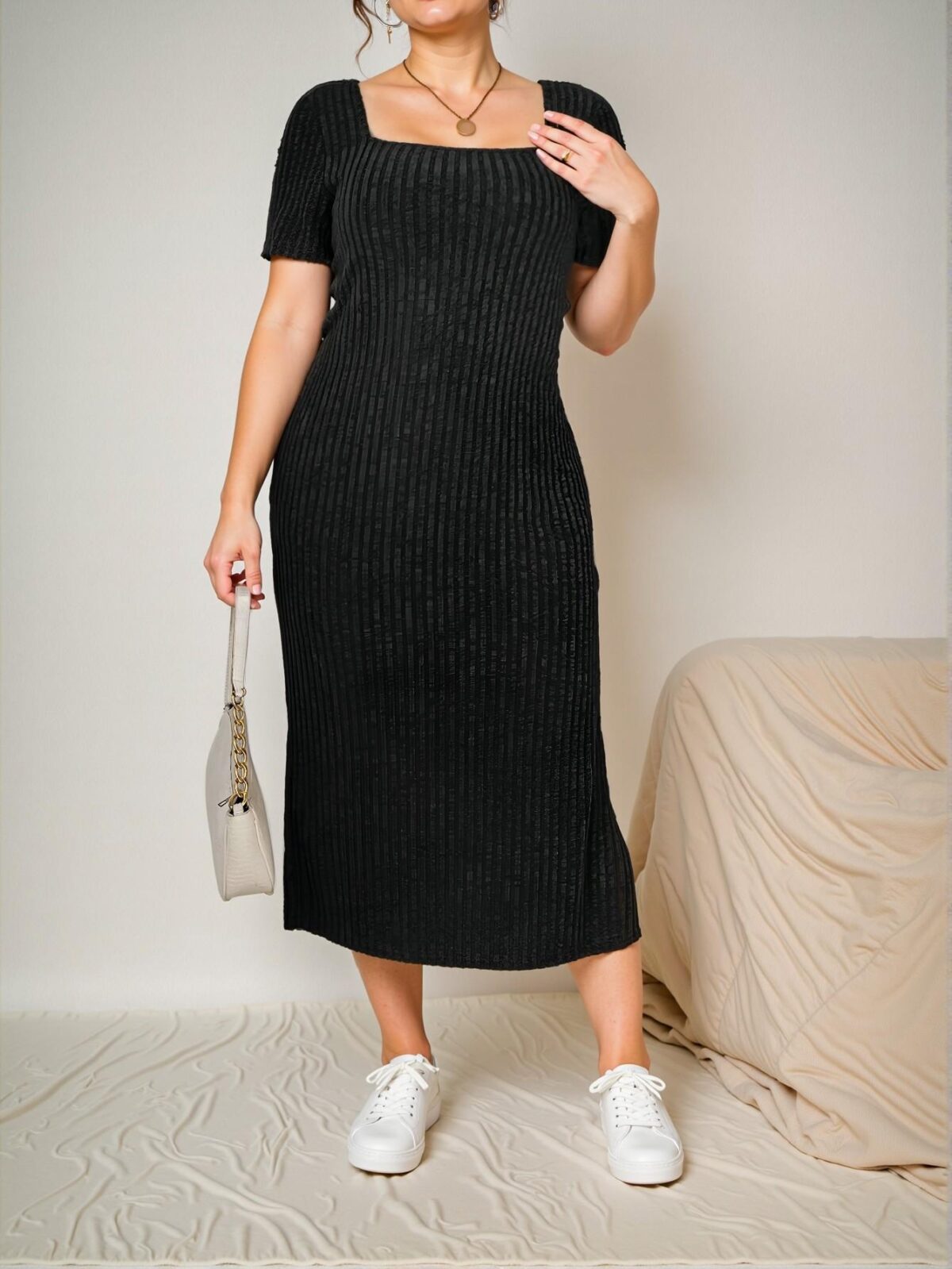 Elegant Black Refined Plus Size Summer Casual Solid Color Dress with Side Slit - Chic, Classy and Trendy Fashion Style to Dress to Impress - Image 3