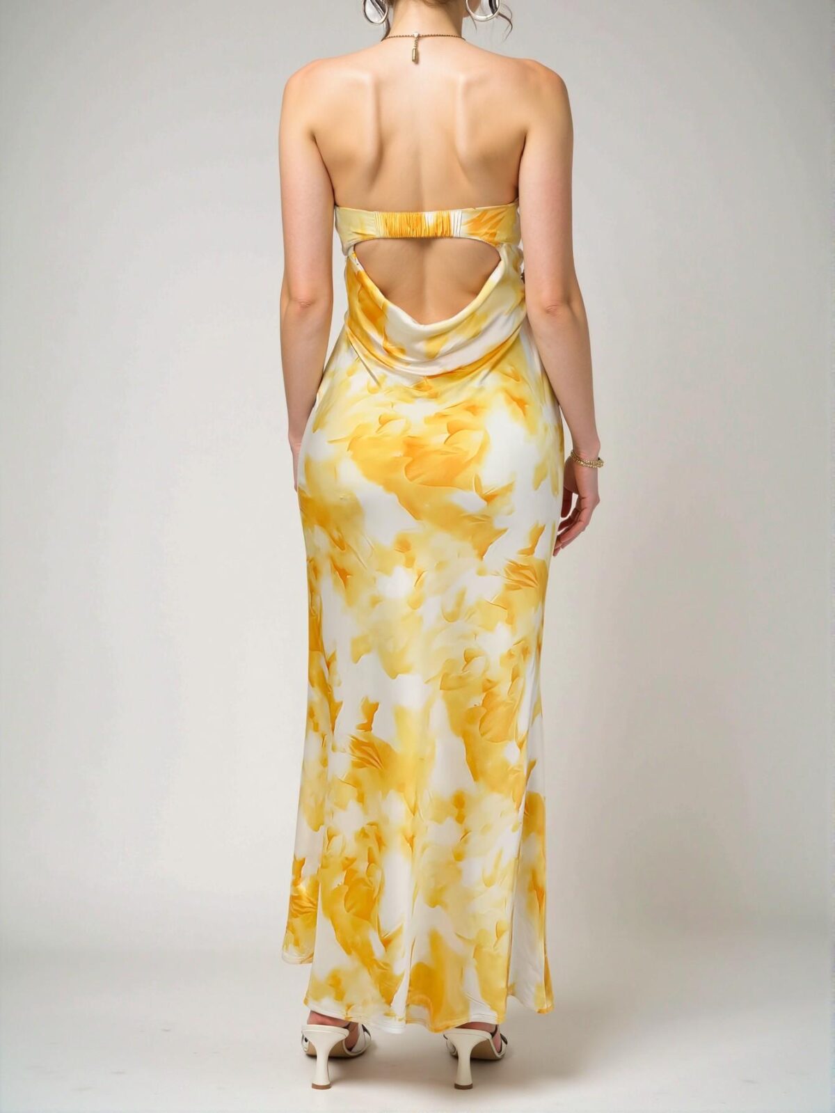 Elegant Yellow Tie Dye Satin Silk Backless Bodycon Maxi Dress: Perfect for Summer Parties, Beach Outings, and Special Occasions - Chic, Classy and Trendy Fashion Style to Dress to Impress