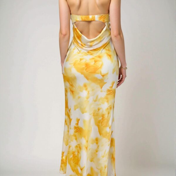 Elegant Yellow Tie Dye Satin Silk Backless Bodycon Maxi Dress: Perfect for Summer Parties, Beach Outings, and Special Occasions - Chic, Classy and Trendy Fashion Style to Dress to Impress