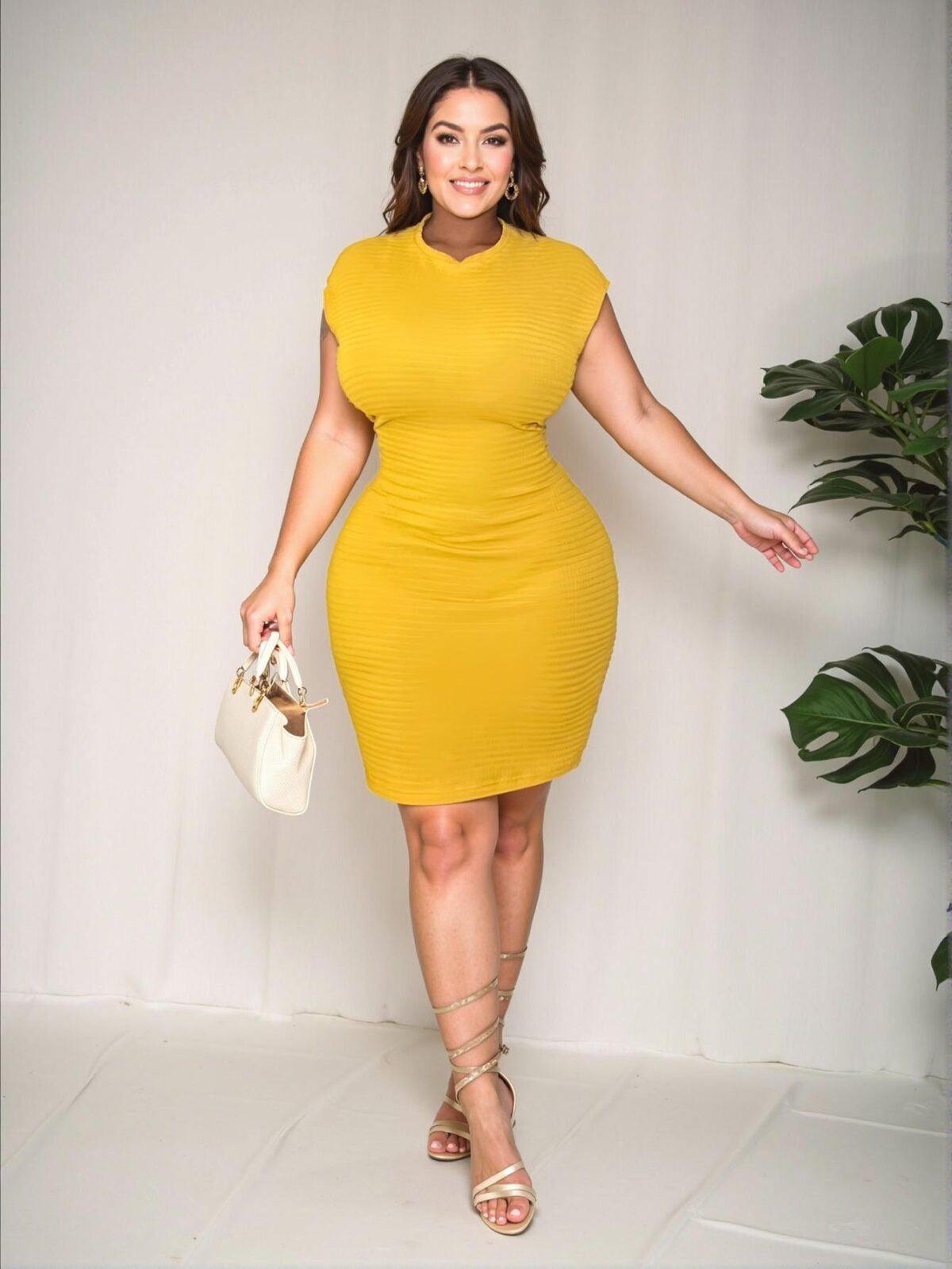 Stylish Yellow Textured Fitted Mini Dress with Round Neck and Ruched Detail - Chic, Classy and Trendy Fashion Style to Dress to Impress - Image 2
