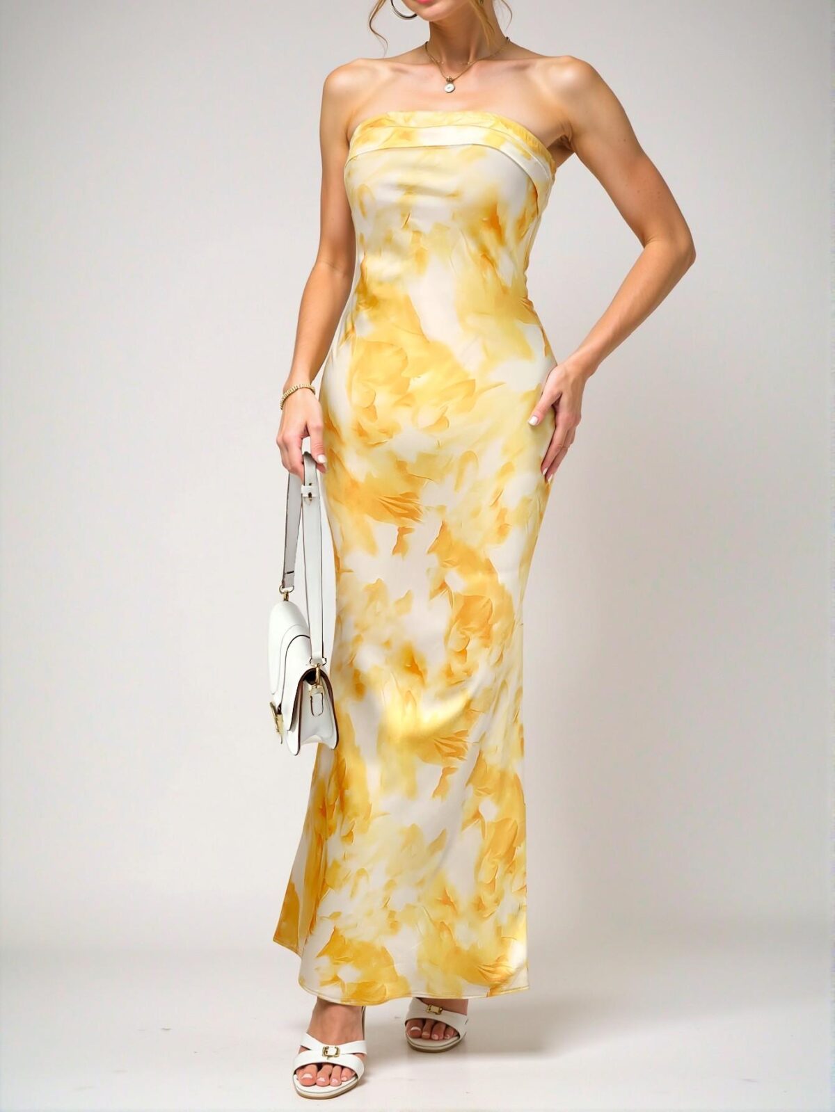 Elegant Yellow Tie Dye Satin Silk Backless Bodycon Maxi Dress: Perfect for Summer Parties, Beach Outings, and Special Occasions - Chic, Classy and Trendy Fashion Style to Dress to Impress - Image 2