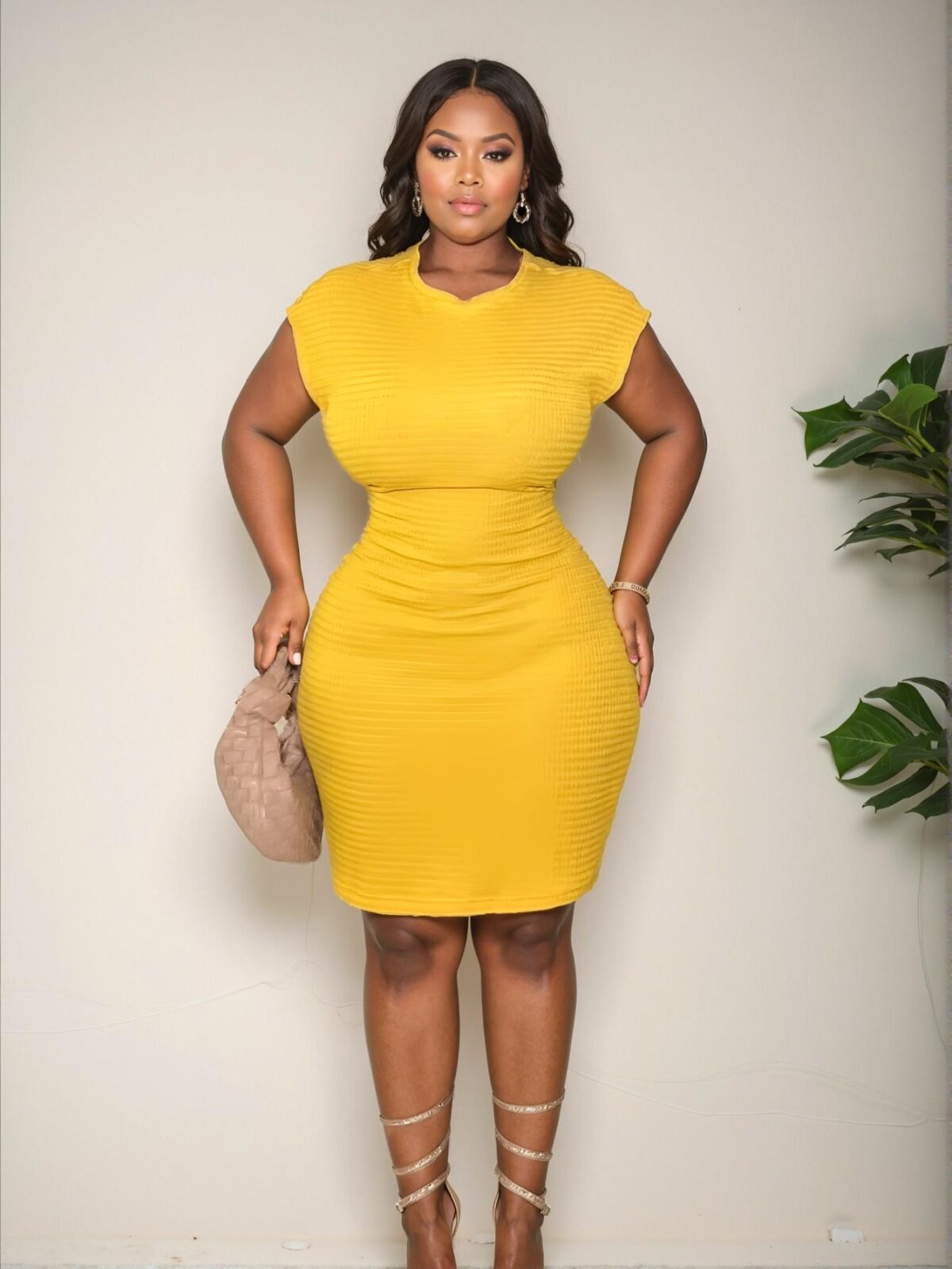 Stylish Yellow Textured Fitted Mini Dress with Round Neck and Ruched Detail - Chic, Classy and Trendy Fashion Style to Dress to Impress - Image 4