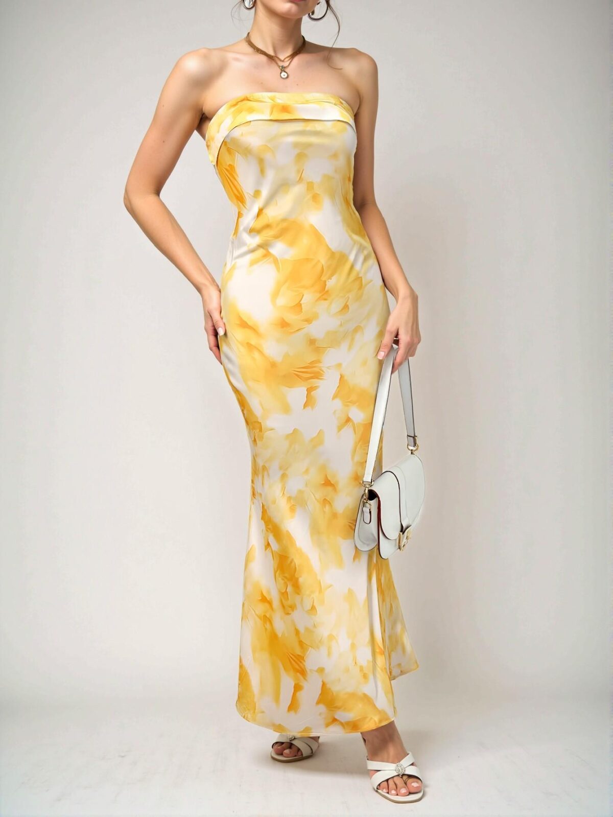 Elegant Yellow Tie Dye Satin Silk Backless Bodycon Maxi Dress: Perfect for Summer Parties, Beach Outings, and Special Occasions - Chic, Classy and Trendy Fashion Style to Dress to Impress - Image 3