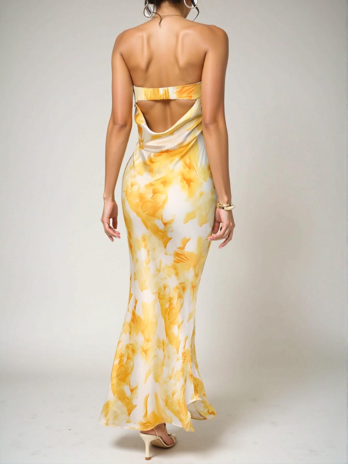 Elegant Yellow Tie Dye Satin Silk Backless Bodycon Maxi Dress: Perfect for Summer Parties, Beach Outings, and Special Occasions - Chic, Classy and Trendy Fashion Style to Dress to Impress - Image 4