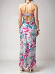 Elegant Baby Blue Vibrant Tie-Dye Floral Print Form-Fitting Dress Perfect for Spring and Summer Getaways and Romantic Dates - Chic, Classy and Trendy Fashion Style to Dress to Impress
