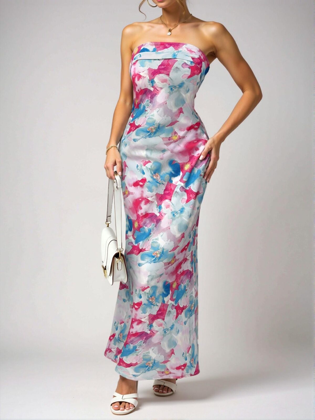 Elegant Baby Blue Vibrant Tie-Dye Floral Print Form-Fitting Dress Perfect for Spring and Summer Getaways and Romantic Dates - Chic, Classy and Trendy Fashion Style to Dress to Impress - Image 3