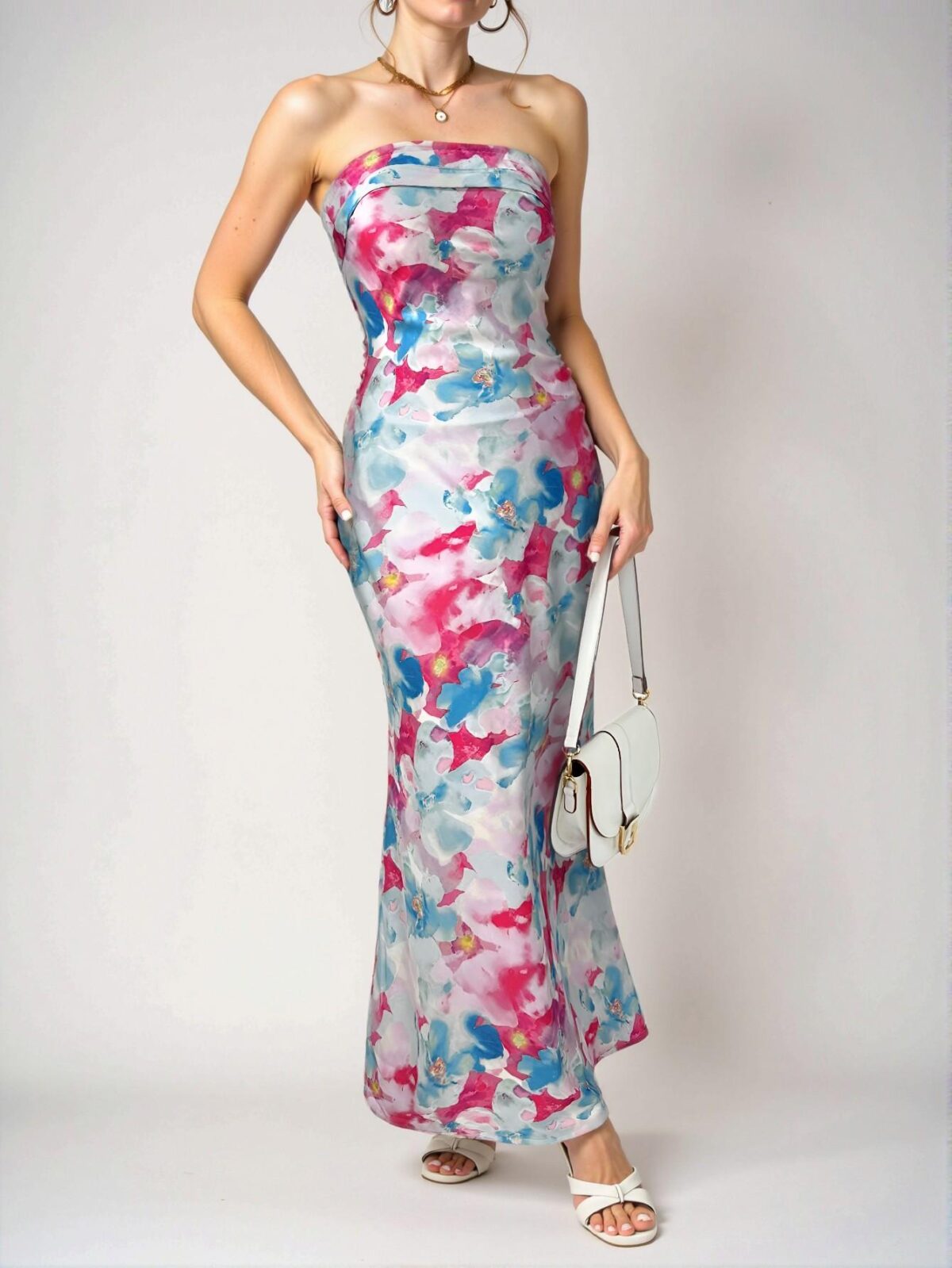 Elegant Baby Blue Vibrant Tie-Dye Floral Print Form-Fitting Dress Perfect for Spring and Summer Getaways and Romantic Dates - Chic, Classy and Trendy Fashion Style to Dress to Impress - Image 4