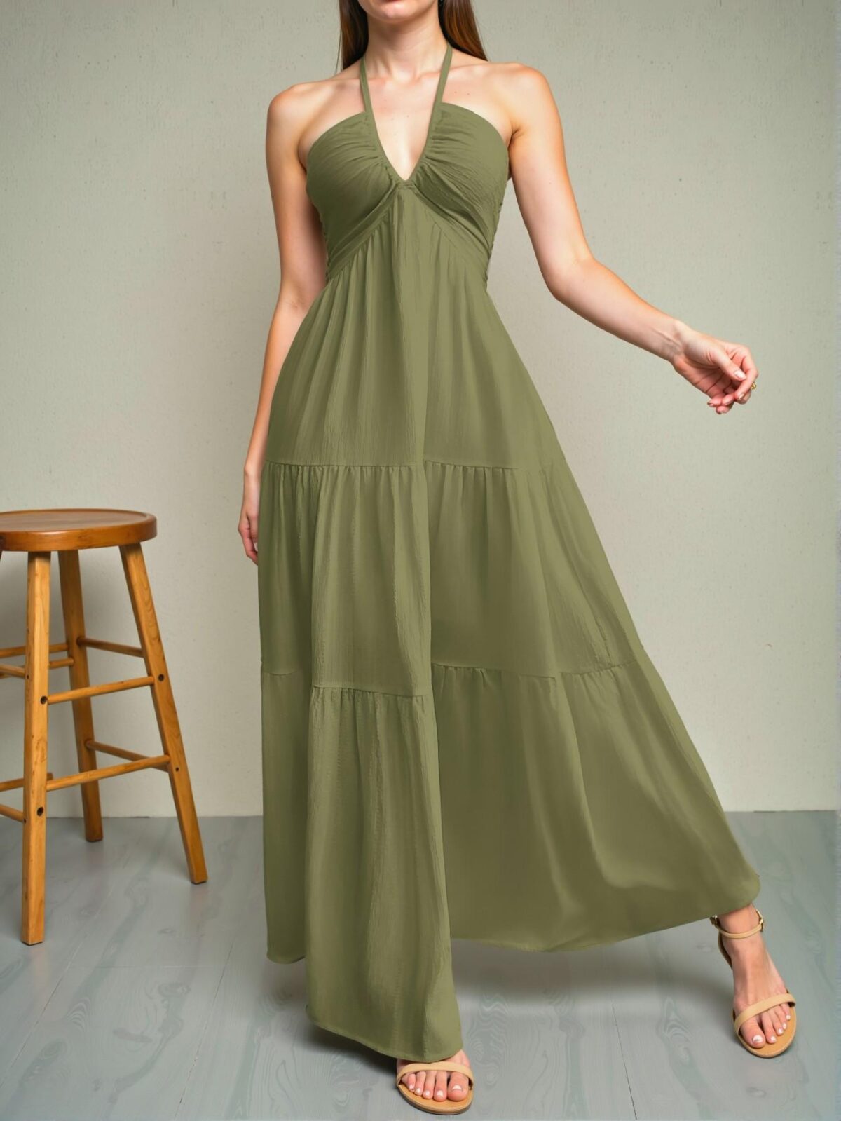 Elegant Army Green Backless Halter Tie-Back Maxi Dress with Flouncy Hem for Weddings and Special Occasions - Chic, Classy, and Trendy Fashion Style to Dress to Impress
