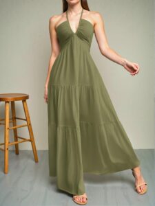 Elegant Army Green Backless Halter Tie-Back Maxi Dress with Flouncy Hem for Weddings and Special Occasions - Chic, Classy, and Trendy Fashion Style to Dress to Impress