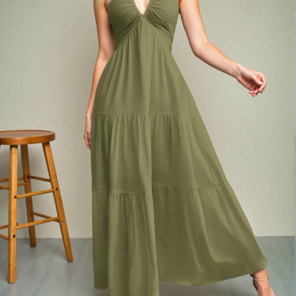 Elegant Army Green Backless Halter Tie-Back Maxi Dress with Flouncy Hem for Weddings and Special Occasions - Chic, Classy, and Trendy Fashion Style to Dress to Impress