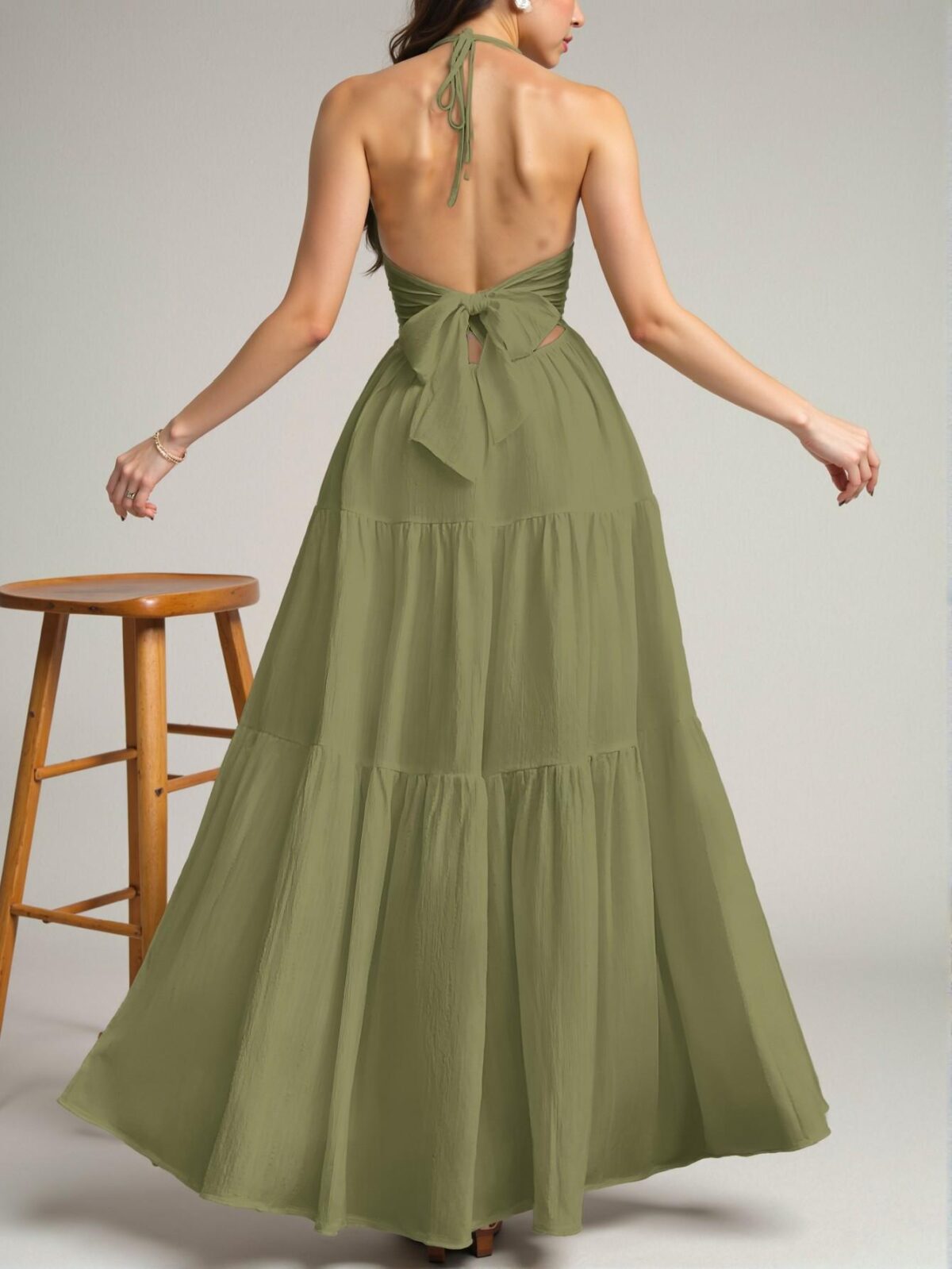 Elegant Army Green Backless Halter Tie-Back Maxi Dress with Flouncy Hem for Weddings and Special Occasions - Chic, Classy, and Trendy Fashion Style to Dress to Impress - Image 2