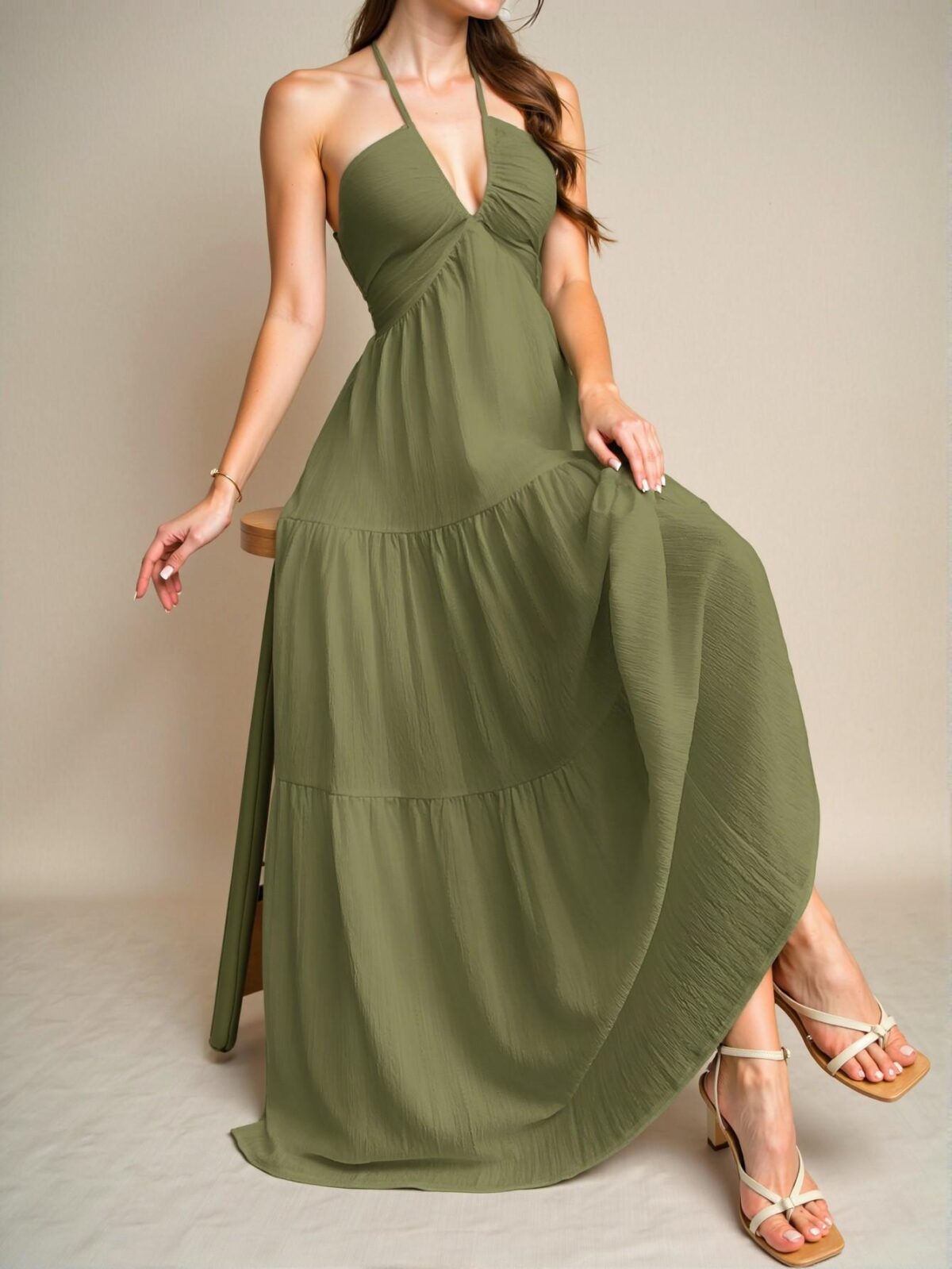 Elegant Army Green Backless Halter Tie-Back Maxi Dress with Flouncy Hem for Weddings and Special Occasions - Chic, Classy, and Trendy Fashion Style to Dress to Impress - Image 3
