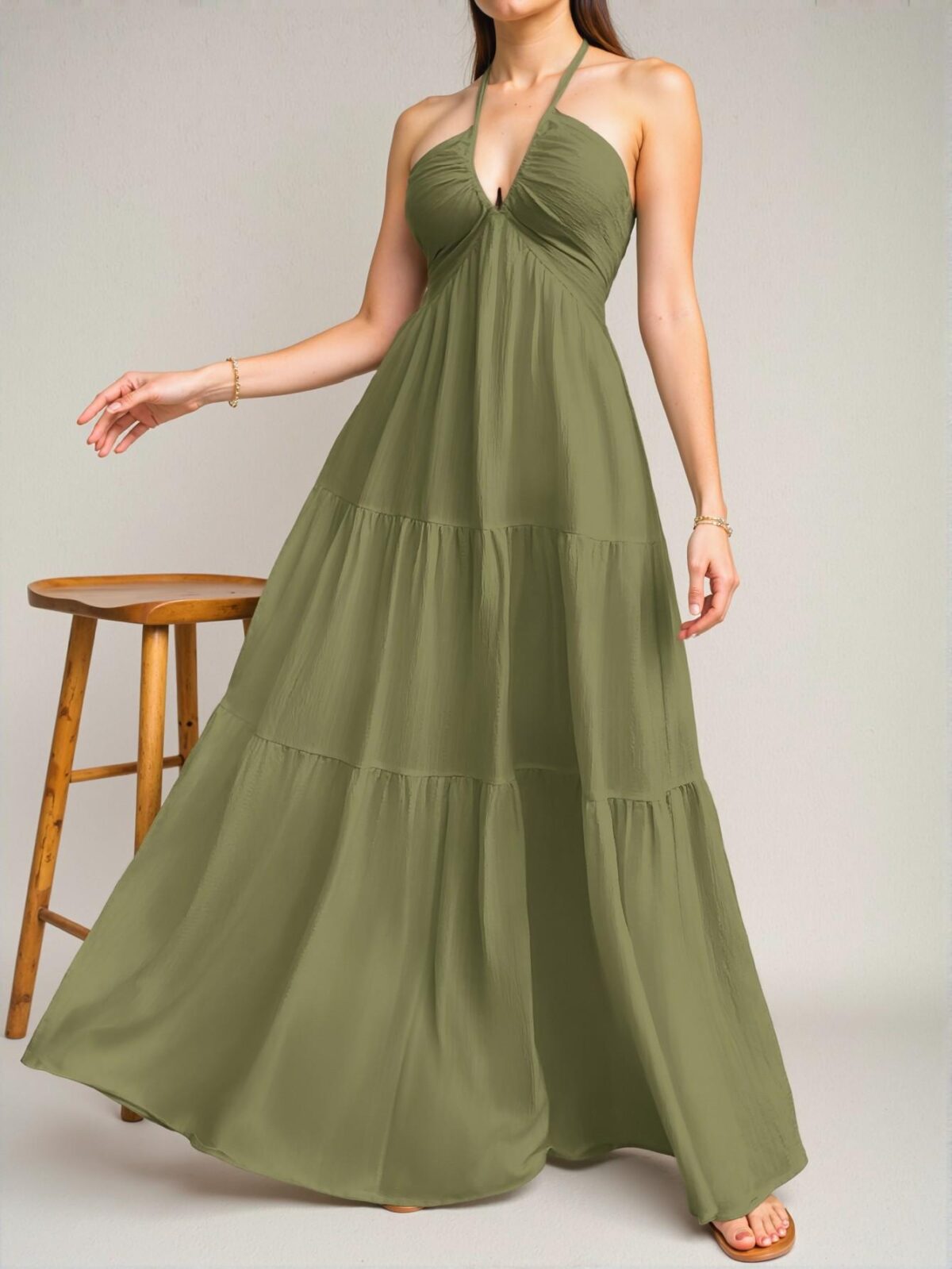 Elegant Army Green Backless Halter Tie-Back Maxi Dress with Flouncy Hem for Weddings and Special Occasions - Chic, Classy, and Trendy Fashion Style to Dress to Impress - Image 4