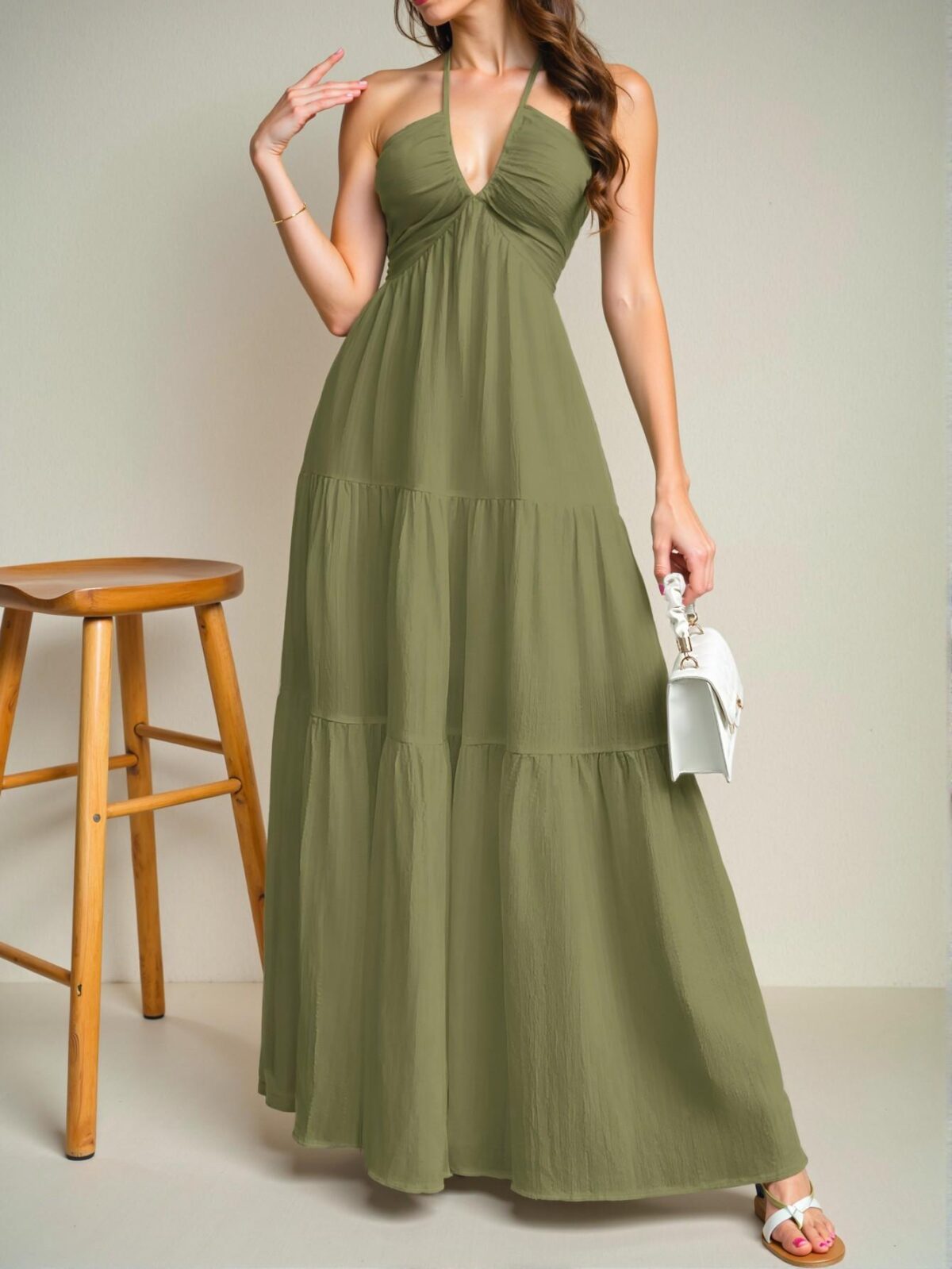 Elegant Army Green Backless Halter Tie-Back Maxi Dress with Flouncy Hem for Weddings and Special Occasions - Chic, Classy, and Trendy Fashion Style to Dress to Impress - Image 5