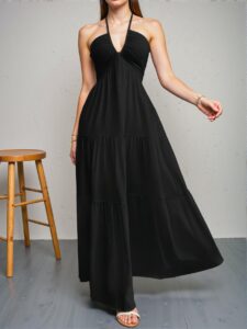 Elegant Black Romantic Floral Print Halter Neck Backless A-Line Dress for Summer Getaways Chic, Classy and Trendy Fashion Style to Dress to Impress