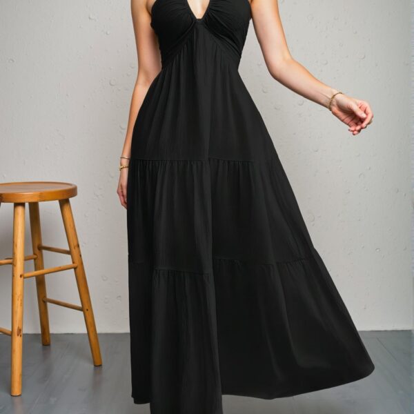 Elegant Black Romantic Floral Print Halter Neck Backless A-Line Dress for Summer Getaways Chic, Classy and Trendy Fashion Style to Dress to Impress
