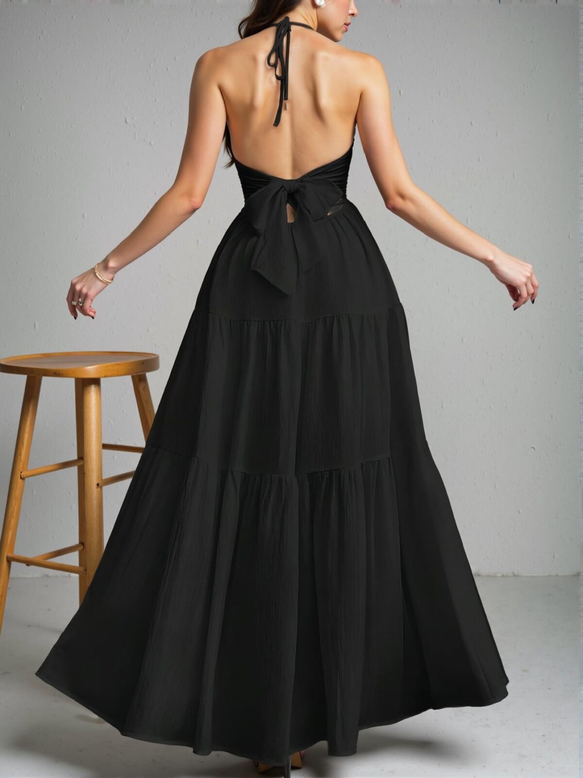 Elegant Black Romantic Floral Print Halter Neck Backless A-Line Dress for Summer Getaways Chic, Classy and Trendy Fashion Style to Dress to Impress - Image 2