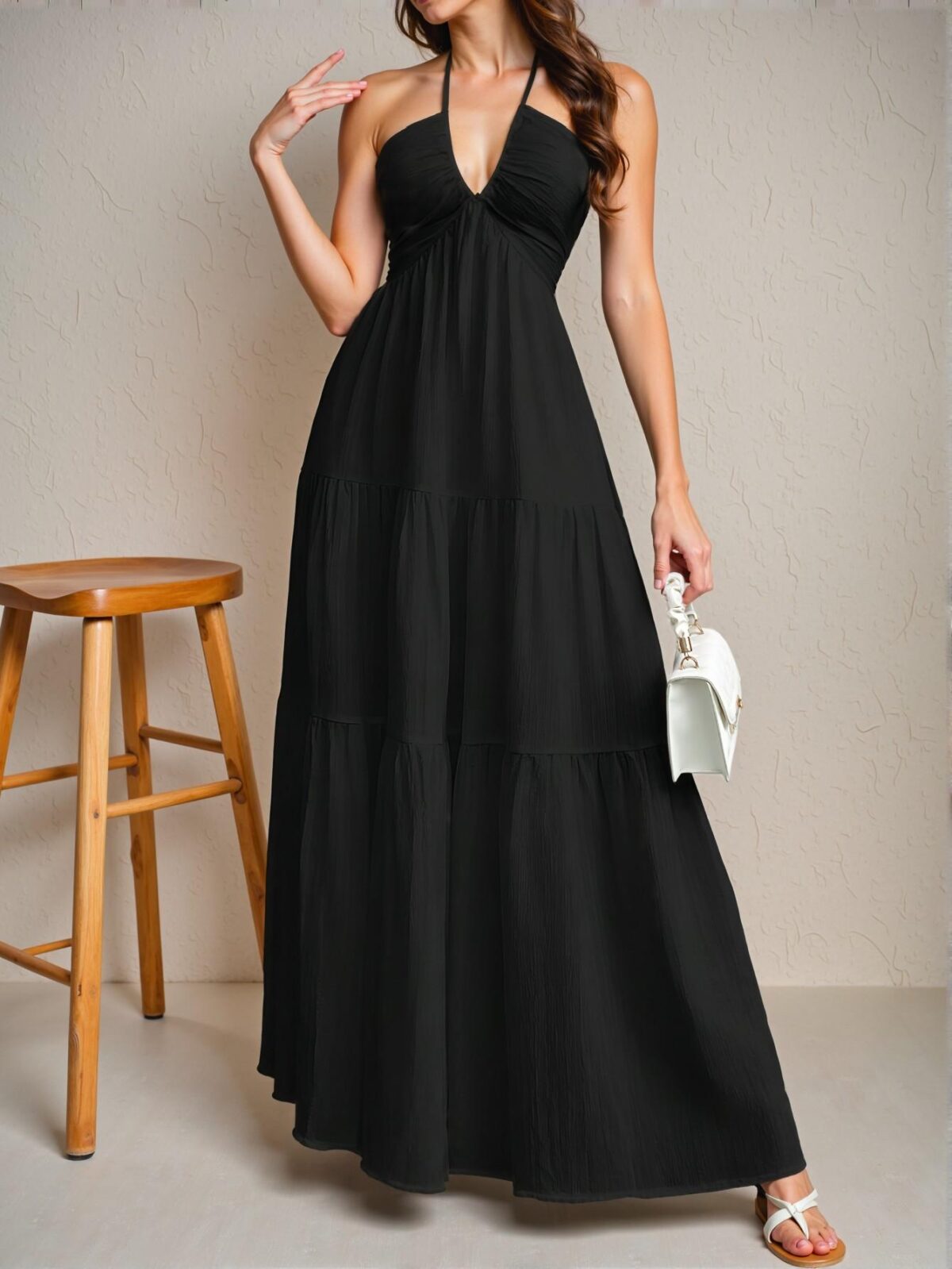 Elegant Black Romantic Floral Print Halter Neck Backless A-Line Dress for Summer Getaways Chic, Classy and Trendy Fashion Style to Dress to Impress - Image 5