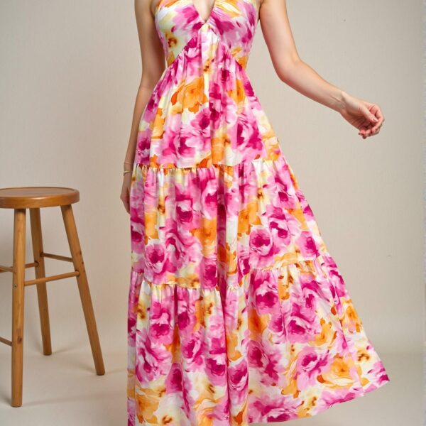 Elegant Blue Backless Knot Layered Floral Print Dress for Spring and Summer - Chic, Classy and Trendy Fashion Style to Dress to Impress