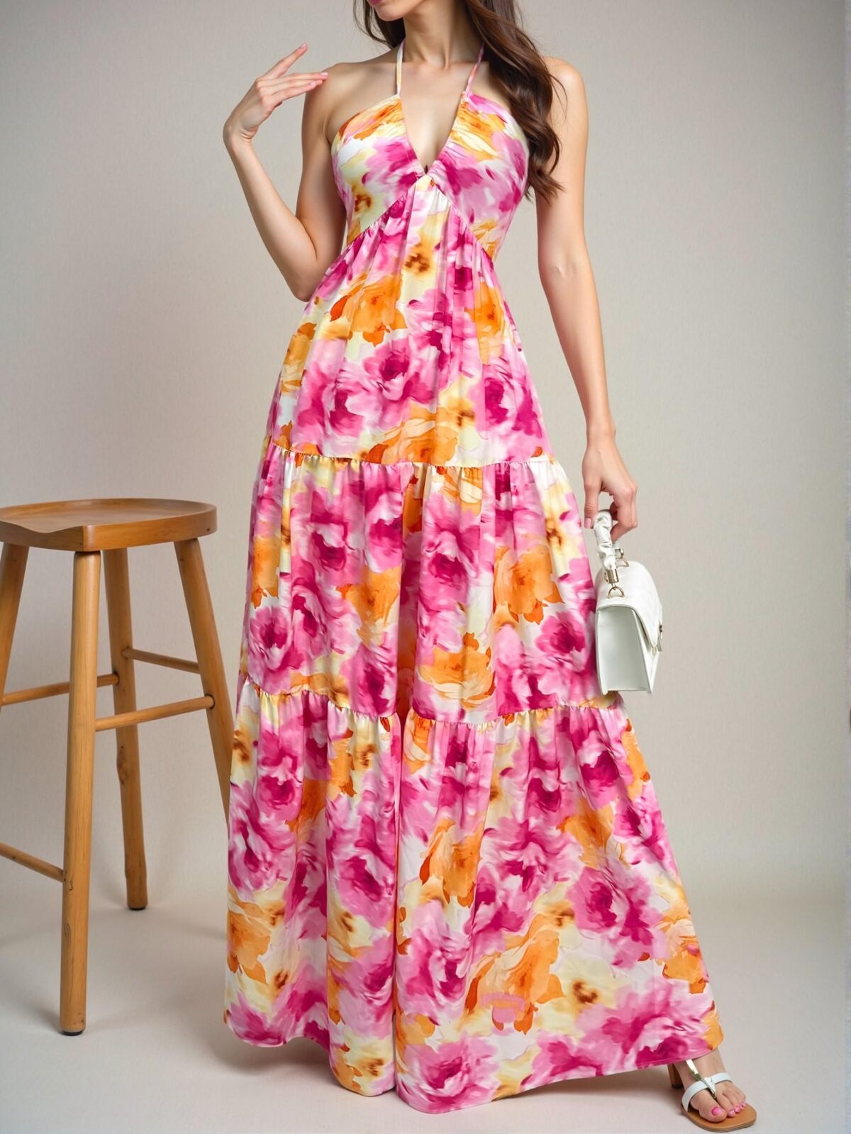 Elegant Blue Backless Knot Layered Floral Print Dress for Spring and Summer - Chic, Classy and Trendy Fashion Style to Dress to Impress - Image 4