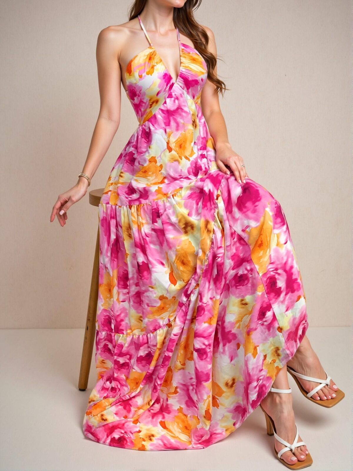 Elegant Blue Backless Knot Layered Floral Print Dress for Spring and Summer - Chic, Classy and Trendy Fashion Style to Dress to Impress - Image 5