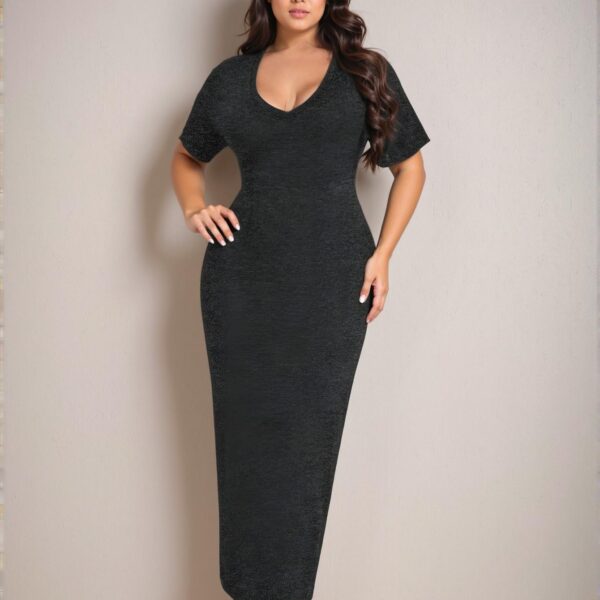 Elegant Dark Grey Form-Fitting V-Neck Short Sleeve Midi Dress – Chic, Classy and Trendy Fashion Style to Dress to Impress
