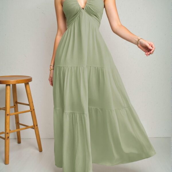 Elegant Green Romantic Floral Halter Neck Pleated Backless A-Line Dress for Summer Getaways, Chic and Trendy Fashion to Dress to Impress